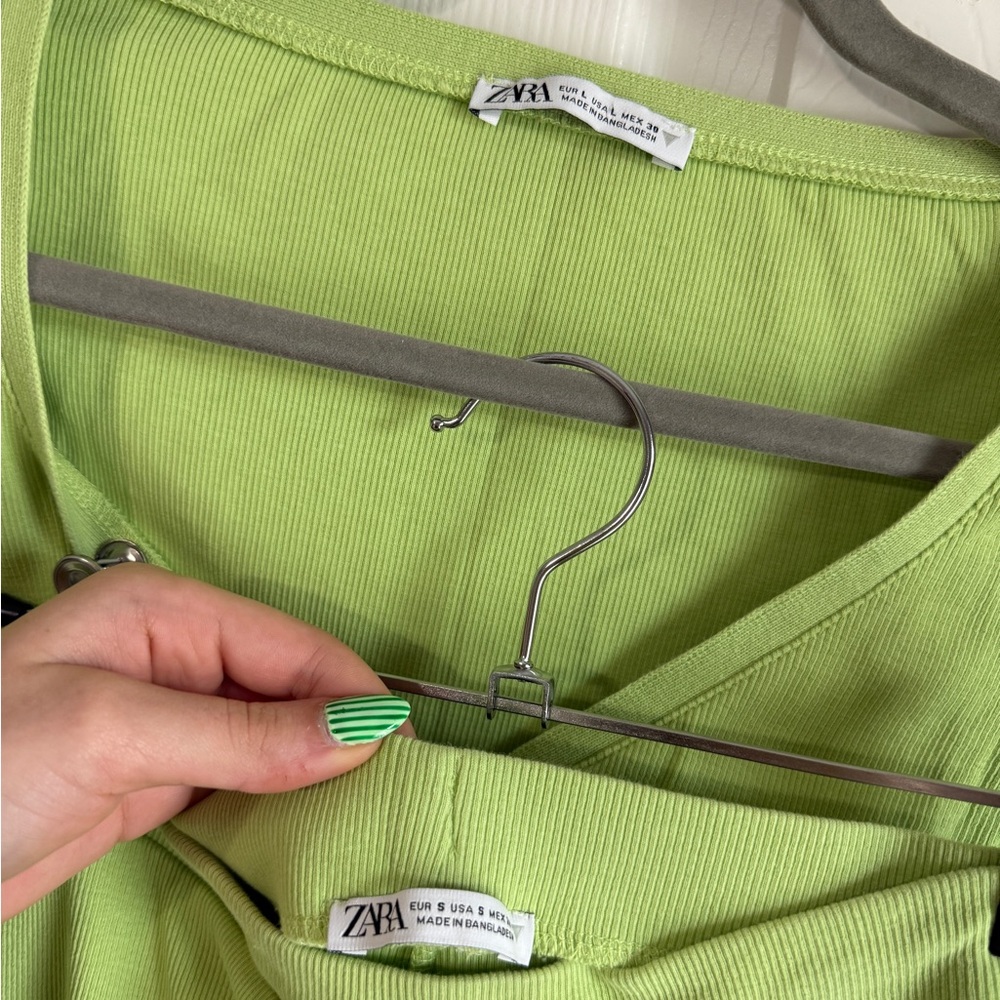 ZARA Matching Set Green Pants and Front Button Cardigan Long Sleeve Top Ribbed S - Picture 3 of 8